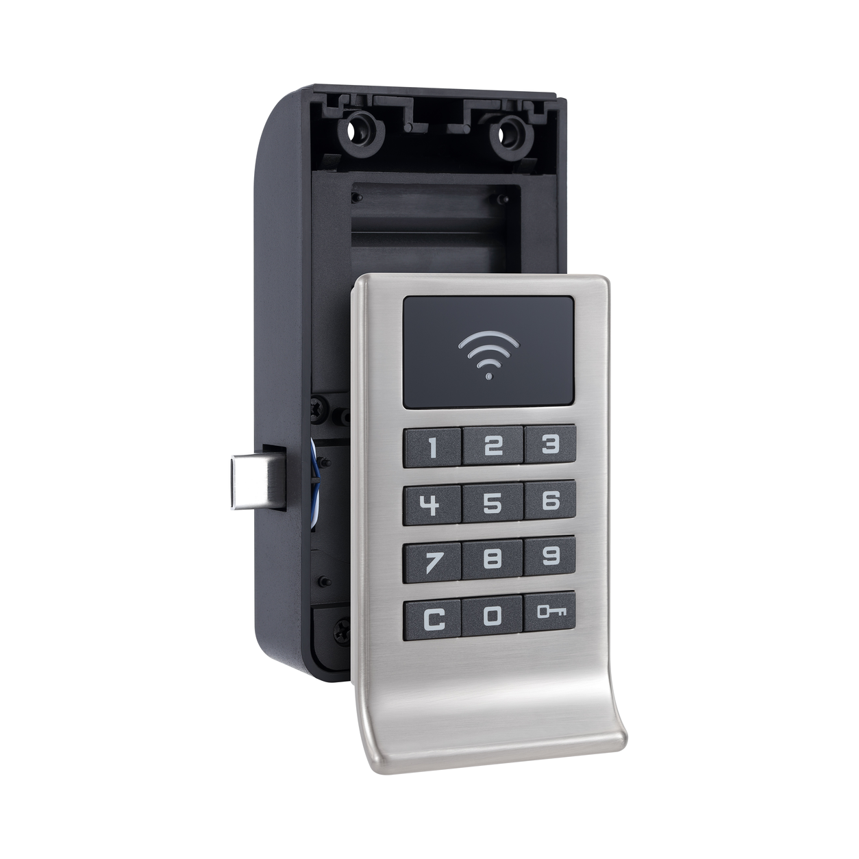 2000D electronic RFID smart laundry locker lock in brushed silver finish with numeric keypad and recessed pull handle