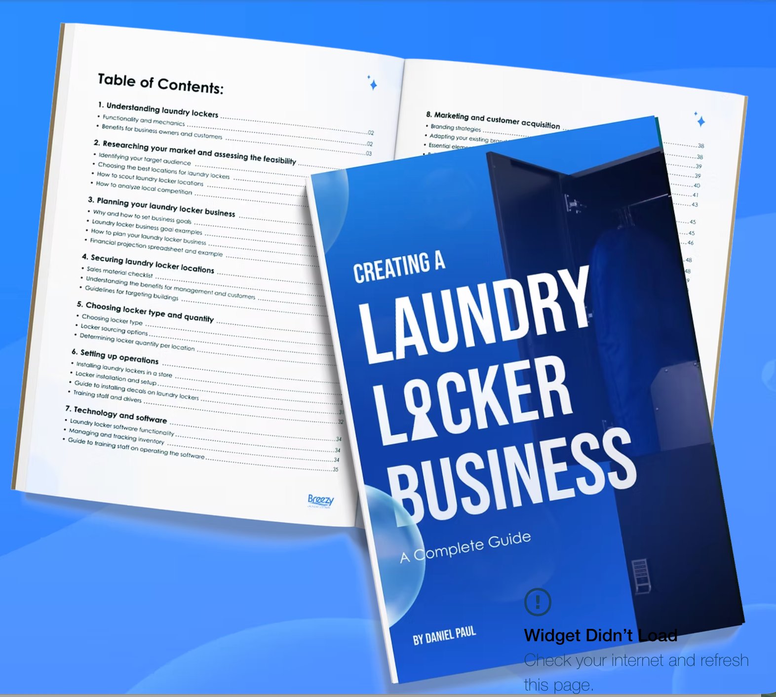 Creating a Laundry Locker Business — the complete guide cover and table of contents covering market research, locker selection, locations, software, and operations