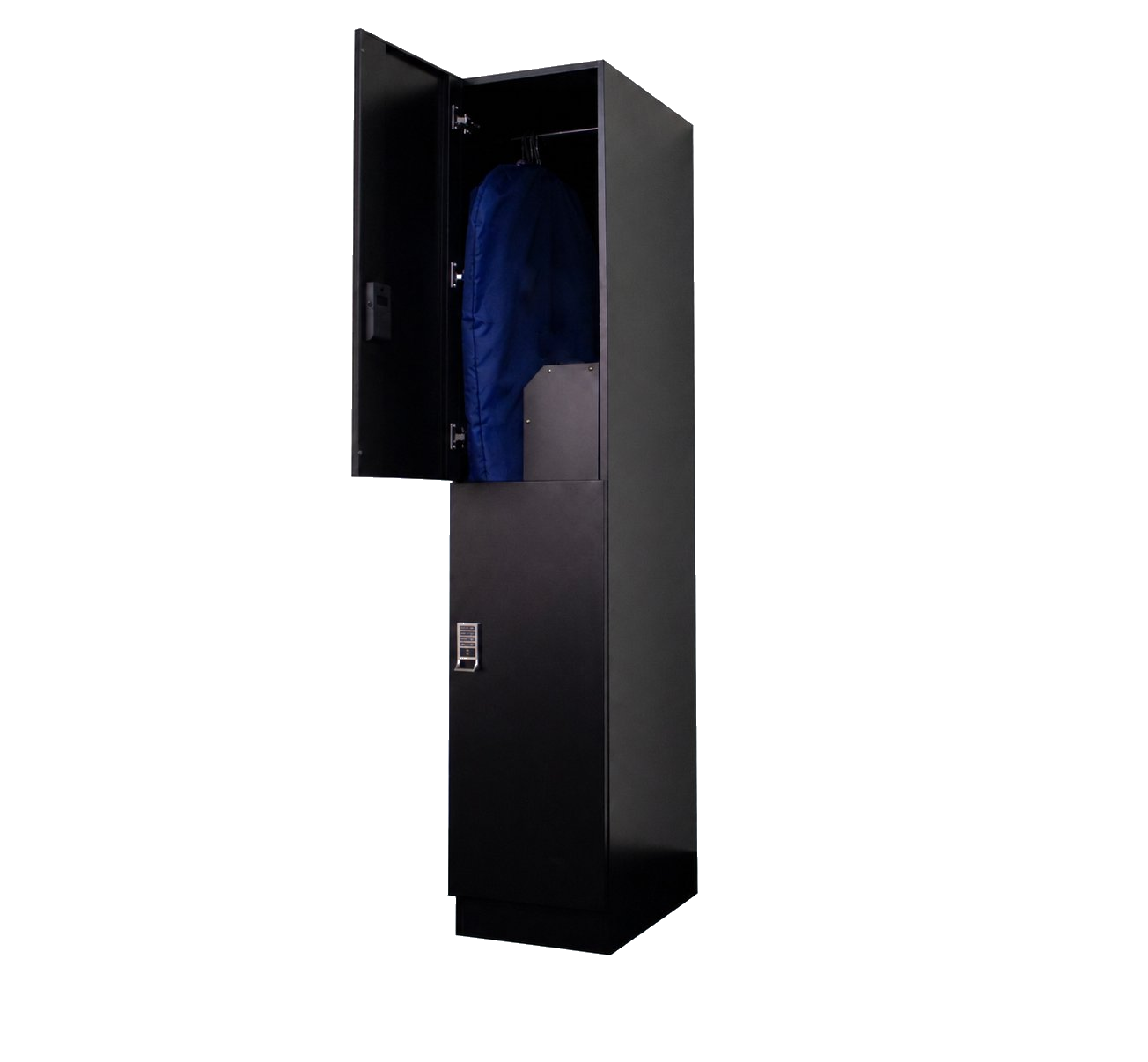 Tall black smart laundry locker with the upper compartment open showing a hung garment in a Breezy garment bag and the lower compartment closed with electronic keypad lock