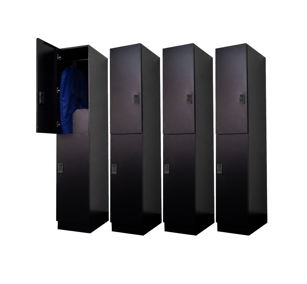 Real-world laundry locker bank of four Breezy units side-by-side with one door open showing a hanging garment in a Breezy bag — typical apartment building install