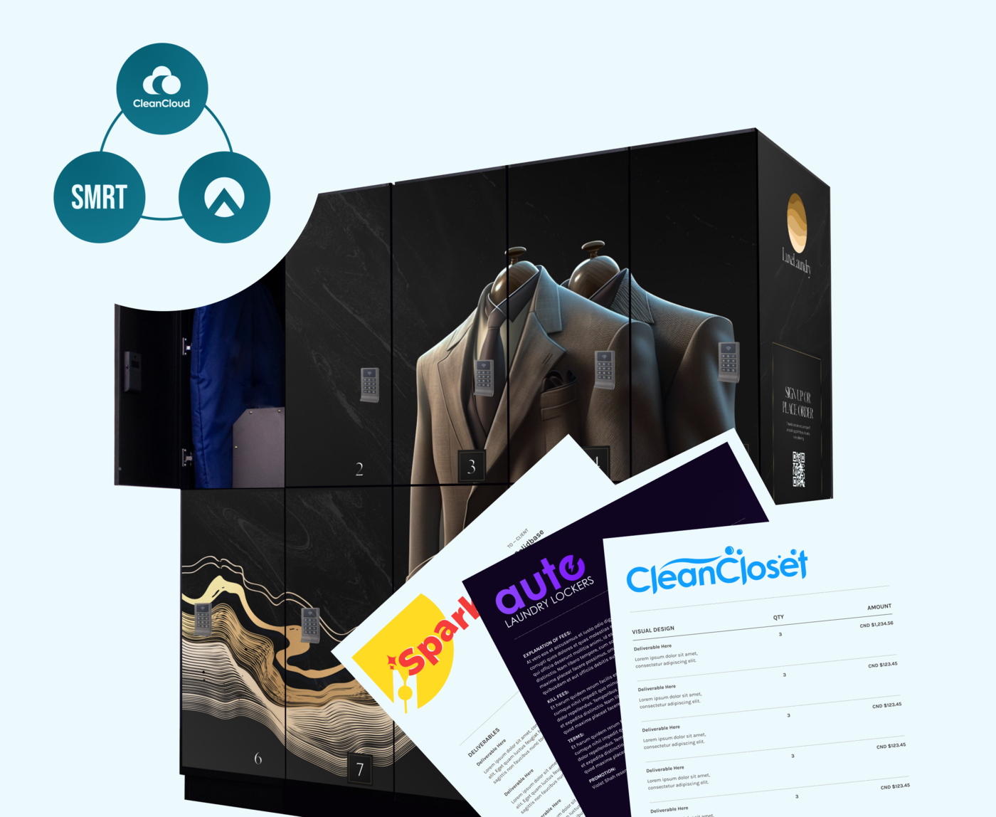 Sales and marketing materials package showing branded laundry locker decals, software integration logos for CleanCloud SMRT and Curbside, and pitch deck templates with pricing layouts