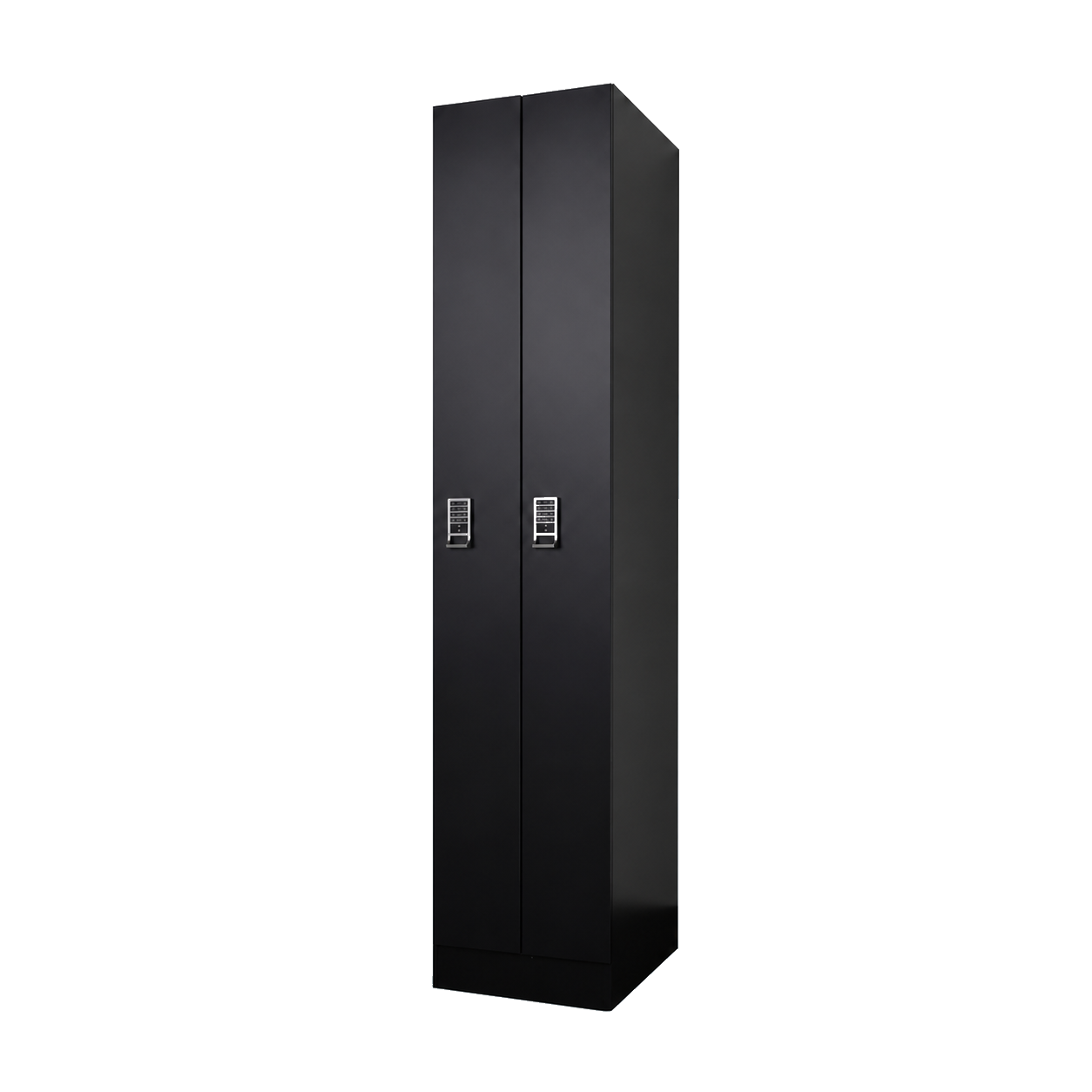 Long-door laundry locker tall cabinet with keypad lock detail, side angle