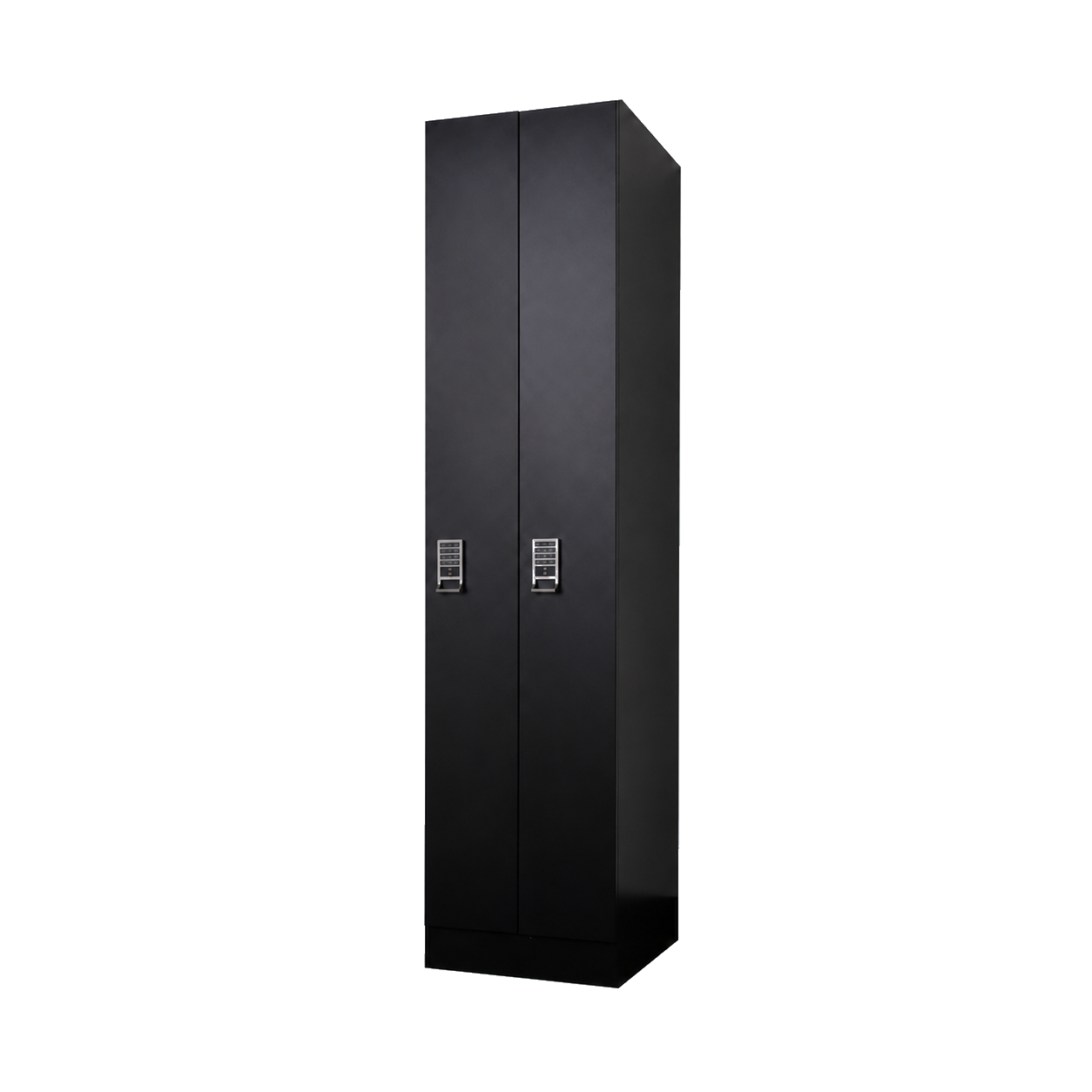 Long-door Breezy laundry locker with two tall narrow doors side by side, front three-quarter view, RFID keypad locks