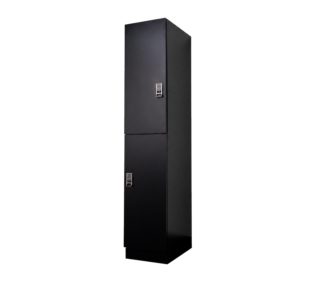 Multi-purpose Breezy laundry locker with two compartments closed, electronic RFID keypad locks, three-quarter front view