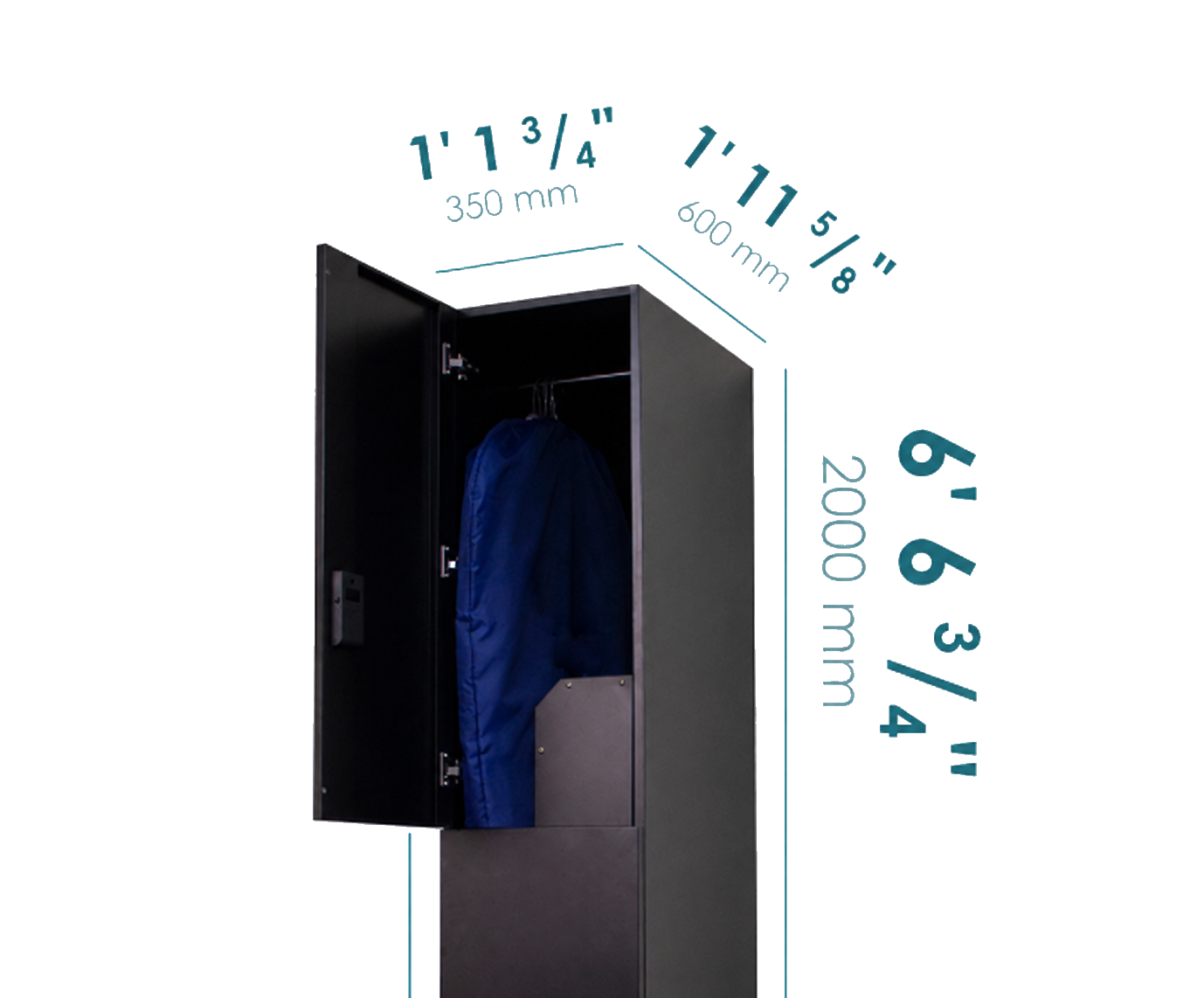 Multi-purpose laundry locker dimensions in metric and imperial: 350mm by 600mm by 2000mm or 1' 1 3/4 inches by 1' 11 5/8 inches by 6' 6 3/4 inches