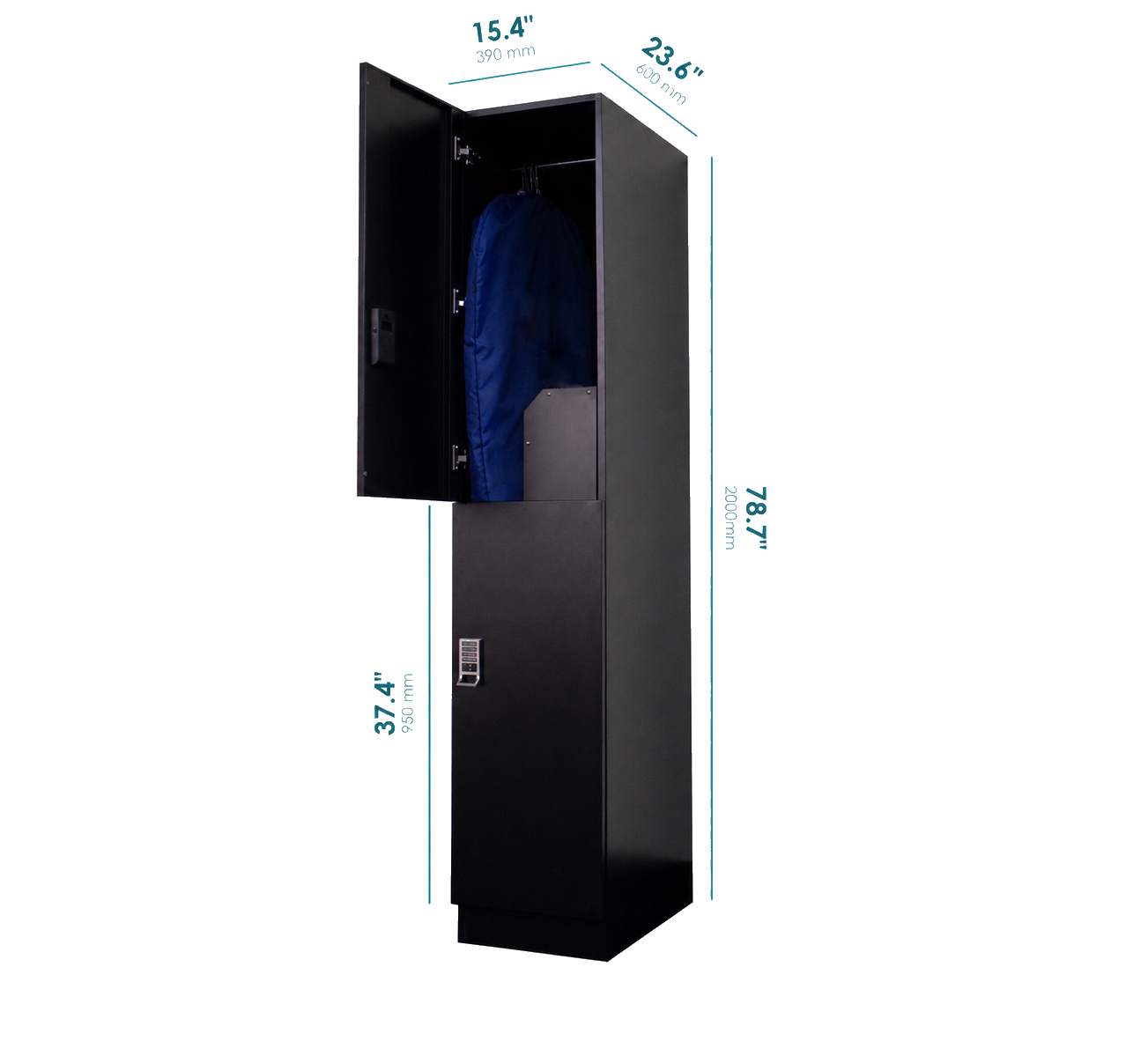 Multi-purpose laundry locker open showing hanging garment in Breezy bag, dimensions 15.4 by 23.6 by 78.7 inches