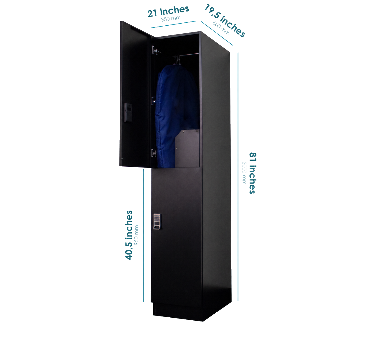 Multi-purpose laundry locker with hanging bag inside, alternative dimensions 21 by 19.5 by 81 inches