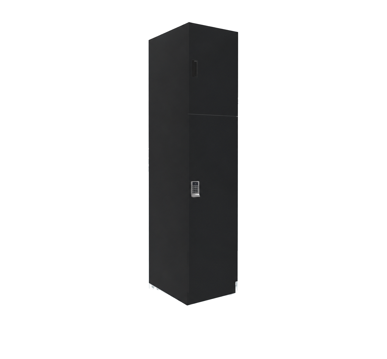 Multi-purpose laundry locker side angle showing both compartments with electronic keypad locks