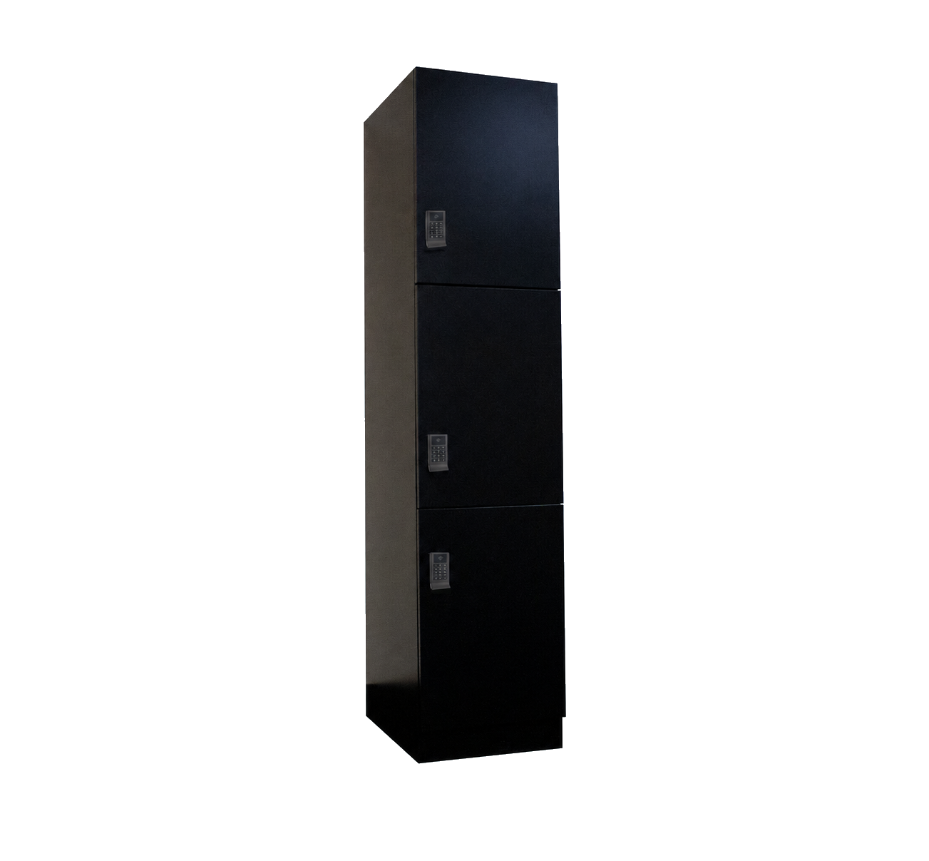 Wash-dry-fold Breezy laundry locker with three equal compartments stacked vertically, three RFID keypad locks, front view