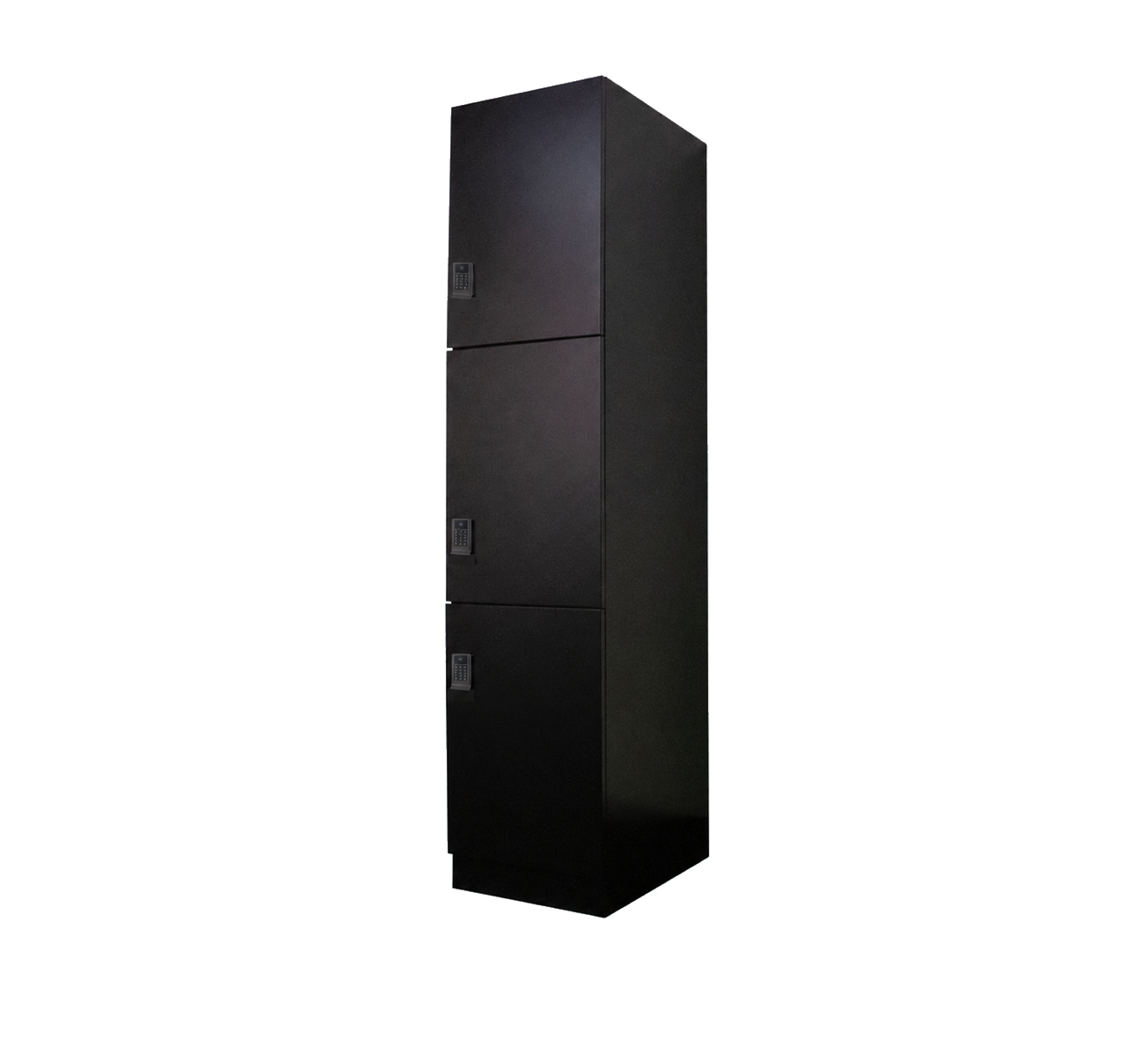 Wash-dry-fold three-compartment laundry locker, side angle view with all keypad locks visible