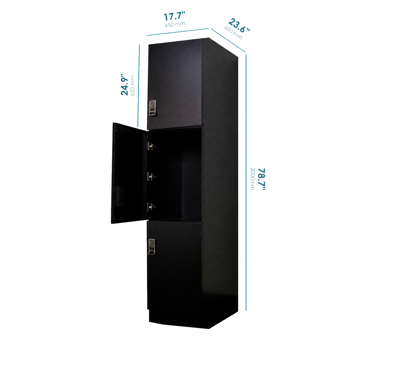 Wash-dry-fold laundry locker with middle compartment open, dimensions 17.7 by 23.6 by 78.7 inches with 24.9 inch compartment height