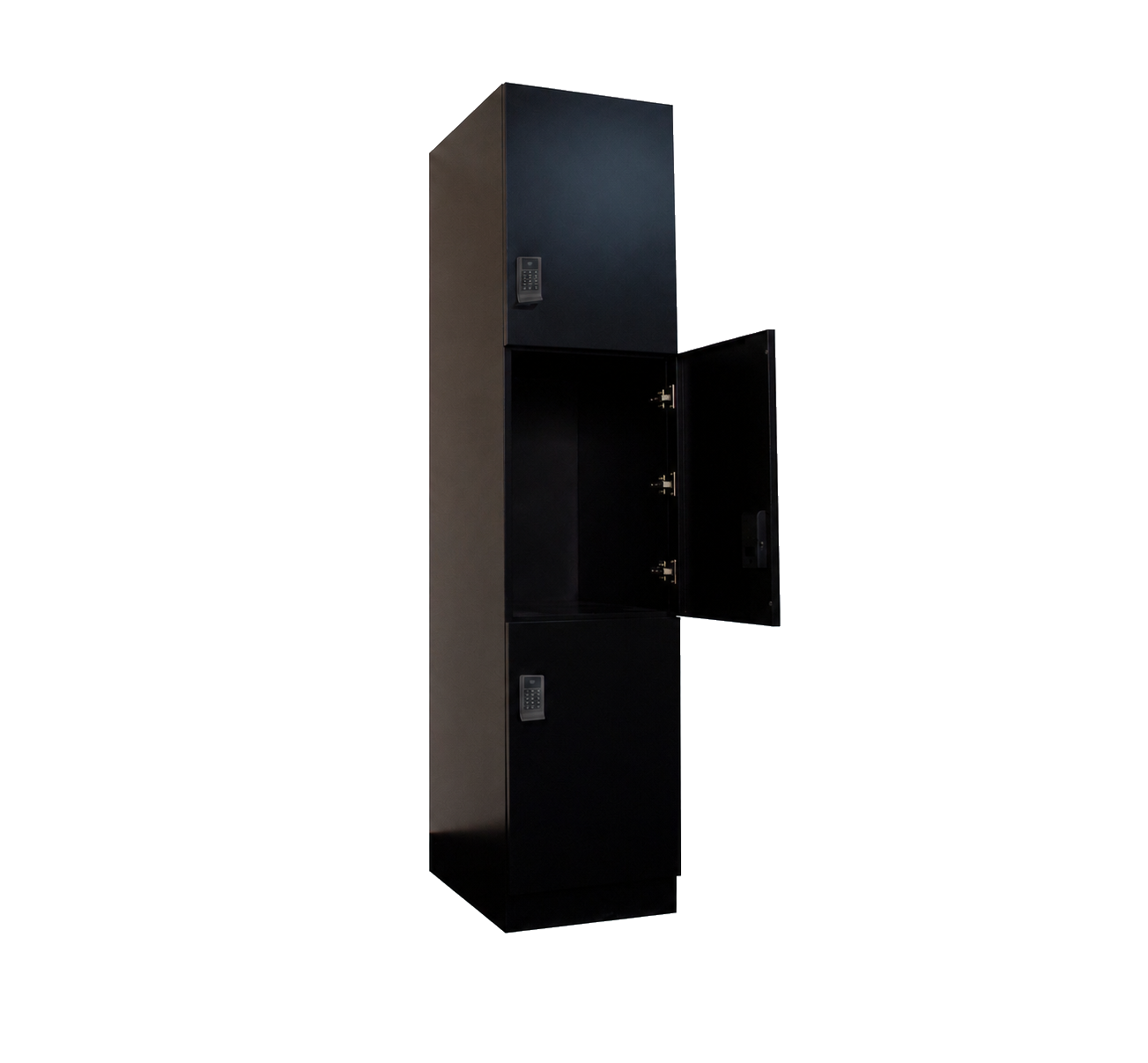 Wash-dry-fold laundry locker with middle compartment door open showing internal hinges and depth